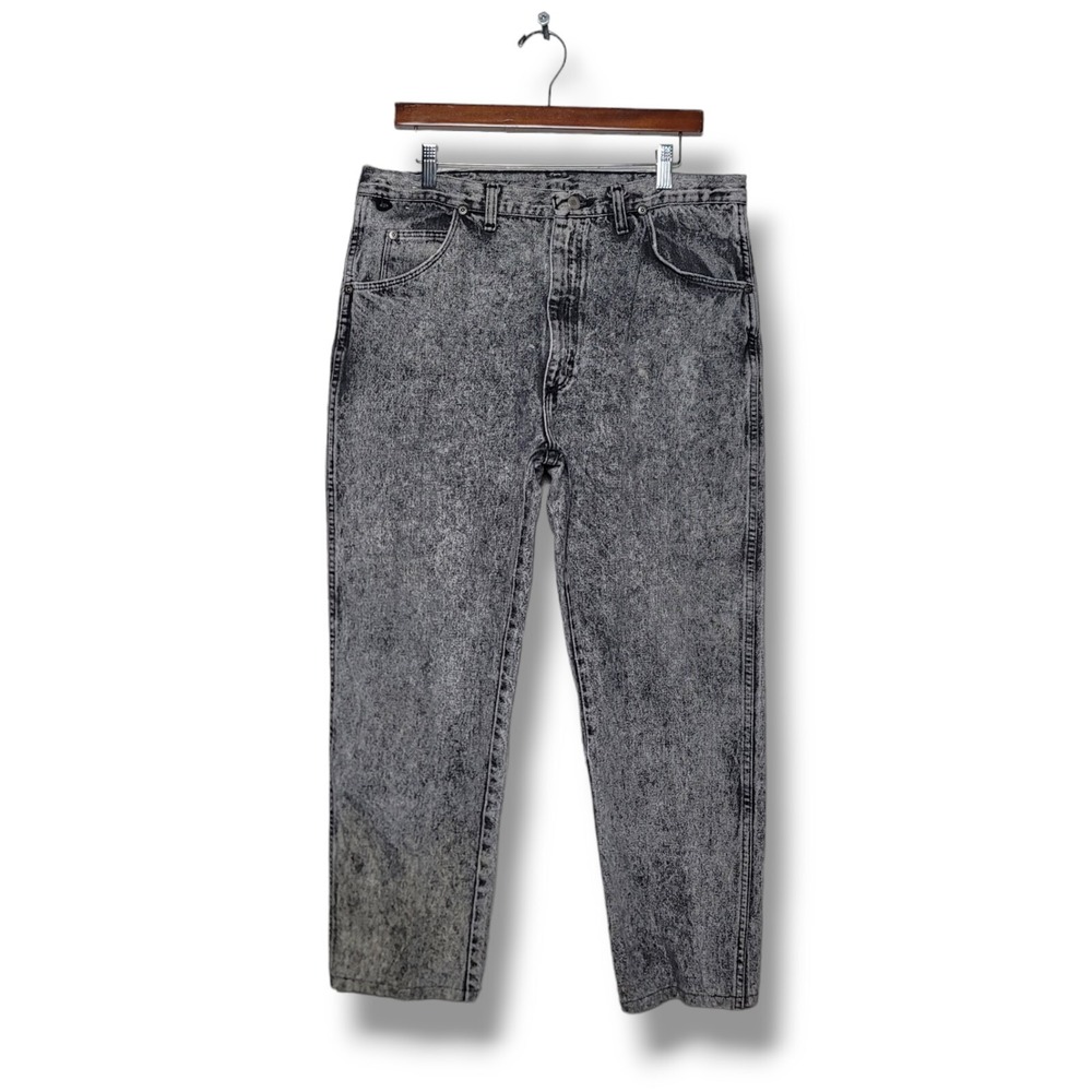 Vintage 90s Wrangler Rugged Acid Wash Denim Jeans Men's Black Gray USA‎ 34x27